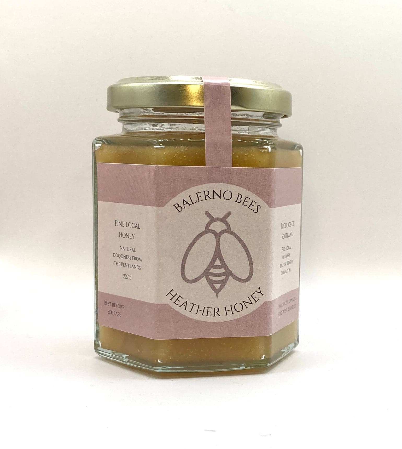 Compliant honey jar label — Balerno Bees heather honey Front label of a Balerno Bees heather honey jar showing the product name, net weight, best before date, producer name and address, and country of origin — a compliant small-producer UK honey label
