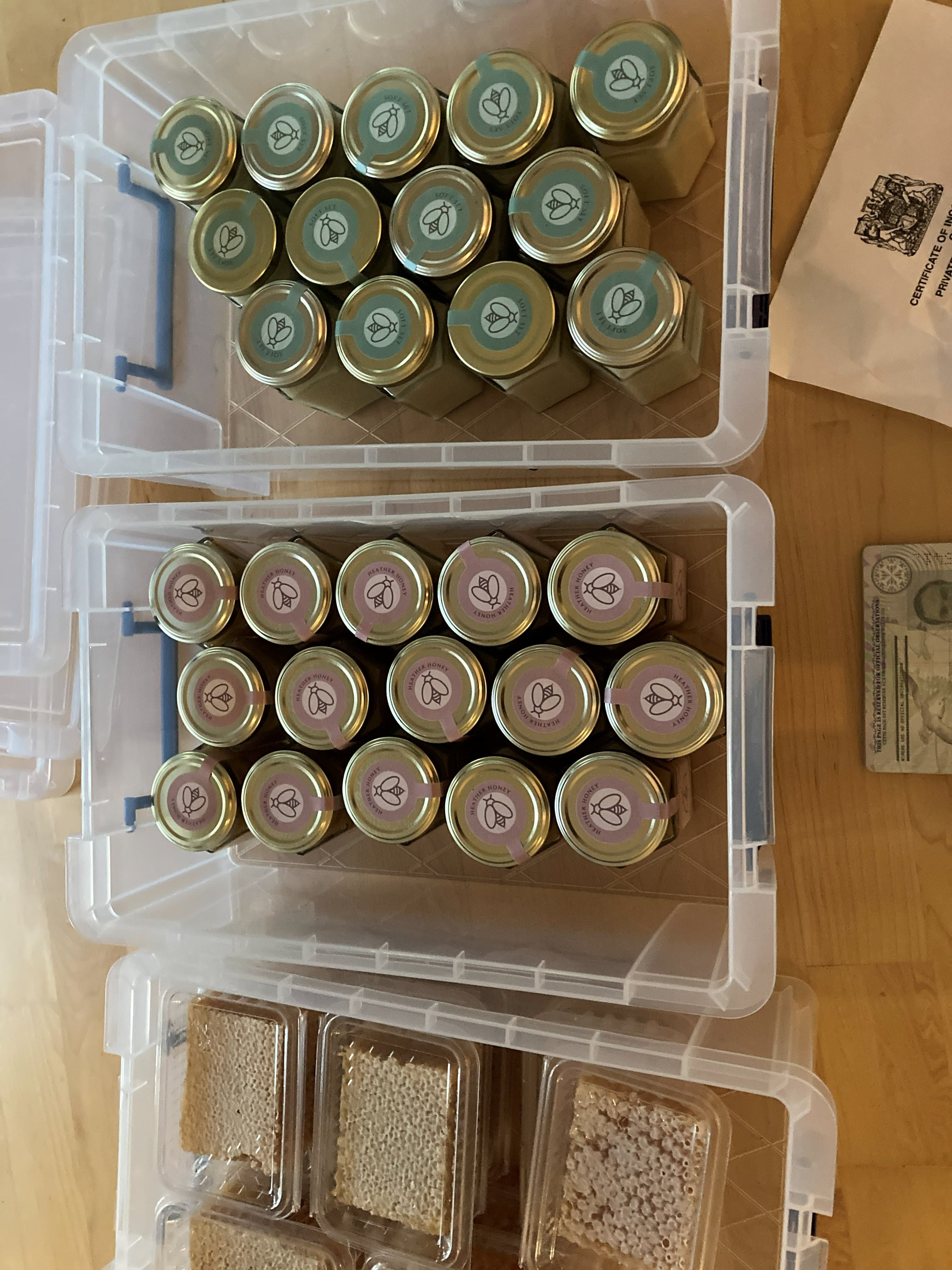 Honey jars, comb, and storage bins β small apiary prep Honey jars, honeycomb sections, and bulk storage bins with soft-set heather honey β the organised back-of-house side of a small apiary
